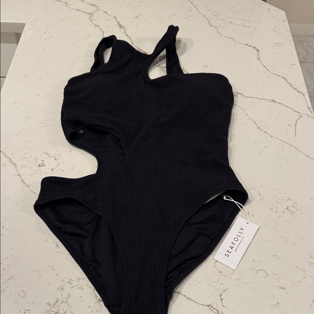 Seafolly Size 12 Sea Dive Textured Cutout One-Piece Swimsuit One shoulder Strap